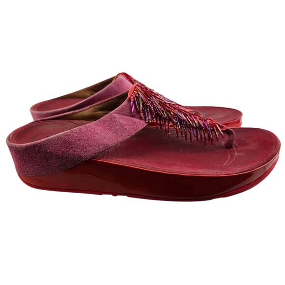 Fitflop Cha Cha Sandals Womens 11 Pink Suede Red Patent Beaded Thong Slip On - Picture 1 of 10